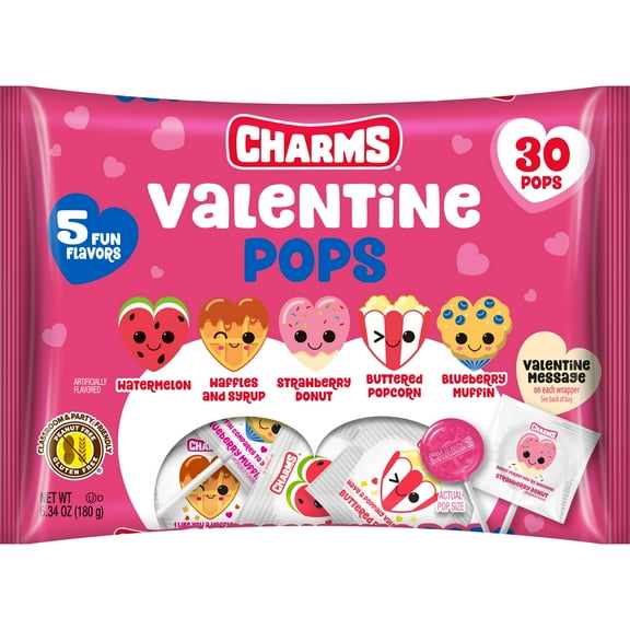 Charms Valentine Pops, Assorted Valentine Messages 30 ct, 6.35 oz. Peanut Free, Gluten Free. May contain Milk and Soy.