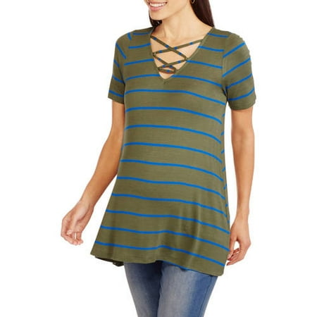 Inspire Maternity Short Sleeve Yarn-Dye Stripe Swing Tee with Lace-Up V-neck Knit