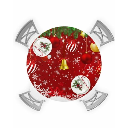 

Round Tablecloth with Elastic Christmas Balls Pine Leaves Snowflake Red Style Waterproof Table Cover Wipeable Fitted Table Cloths for 45 -54 Round Tables Dining Kitchen Indoor Outdoor Use