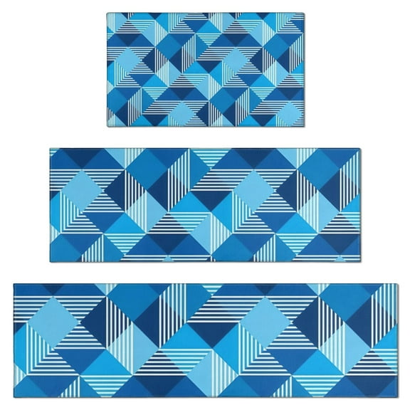 Blue Geometric Pattern Kitchen Rugs Sets Of 3,Kitchen Runner Rugs Non Skid Washable,Decorative Kitchen Floor Mats for Kitchen,Sink,Laundry,17"x30"  17"x47"   17"x59"