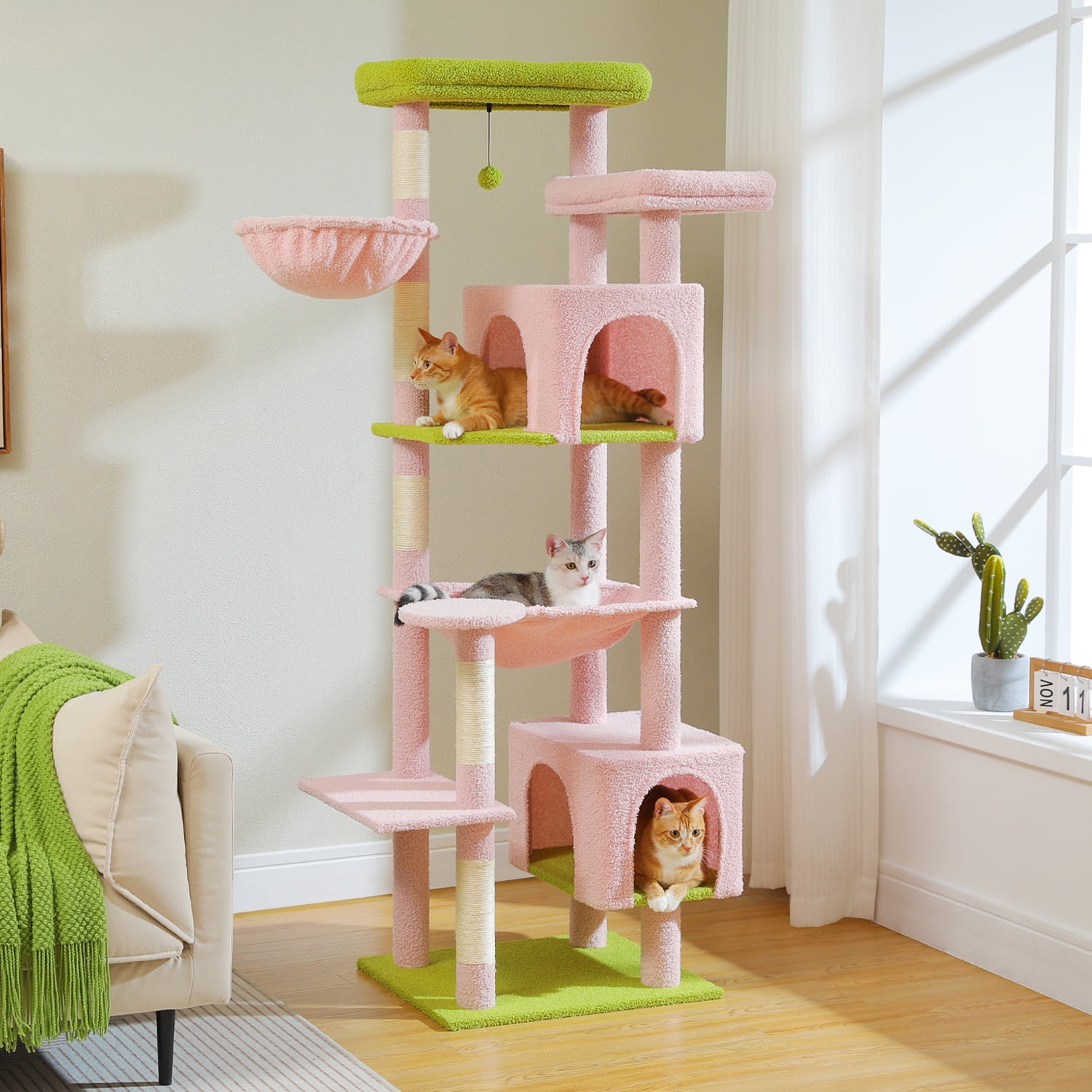 PEQULTI 69" Multi-Level Cat Tree Cat Tower for Indoor Pet with 5 Scratching Post & Hammock Pink