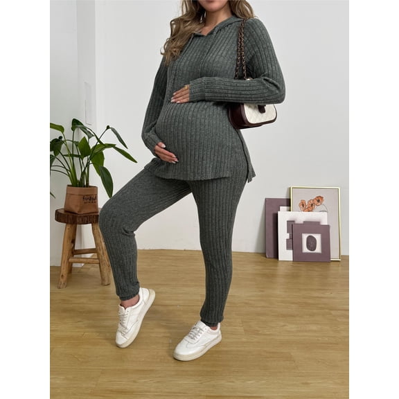 Bearsland Maternity Outfit Sets for Women Adjustable Waist 2 Piece Sets Winter Casual Drawstring hood Loose Tracksuit Long Sleeve Split Side Lounge Set Outfits Pregnancy Clothes