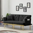 thumbnail image 2 of Convertible Accent Sofa Bed with 2 Pillows, Velvet Upholstered Sofa with Adjustable Backrest and Metal Legs, Modern Loveseat with Padded Seat for Living Room Office, Black, 2 of 7
