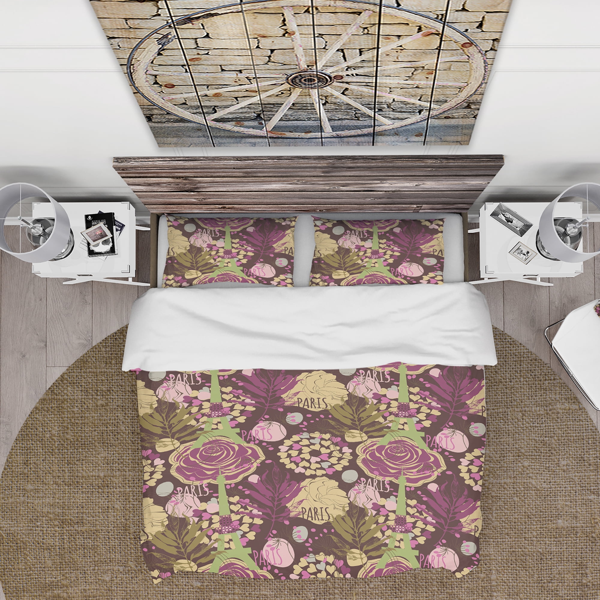 Designart 'Retro Paris Eiffel Rose with Hearts' Vintage Duvet Cover Set