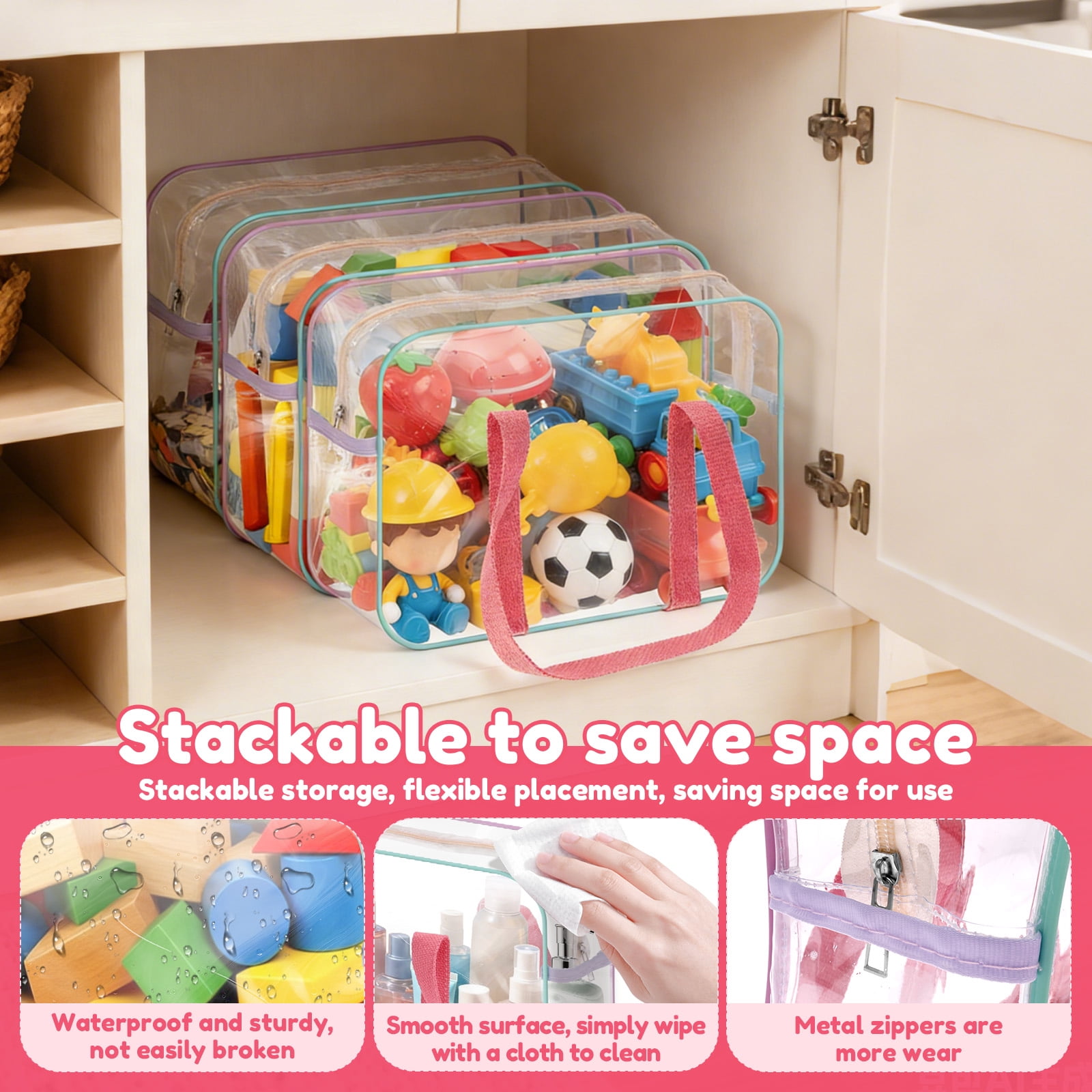 Grusce 4Pcs PVC Toy Storage Bags Waterproof Clear Toy Organizer Bag with Zip and Side Pockets for Building Blocks Puzzle 13.39x9.45x4.72 inch