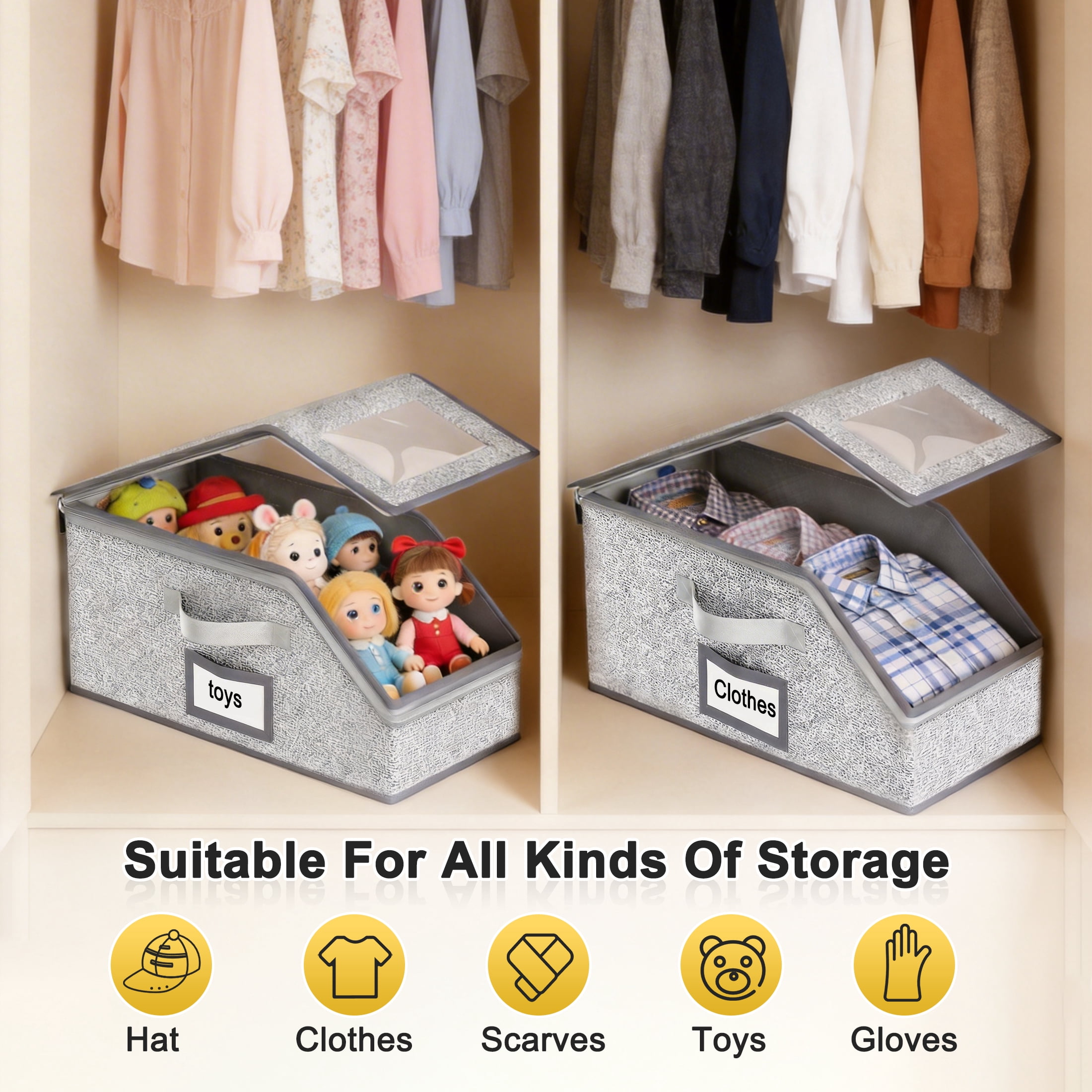 2‑Pack Hat Storage Box, Fabric Baseball Cap Organizer, Dustproof Cap Hat Storage Bin with Visible Window, Zipper & Handle for Closet Wardrobe Hats Clothes Toys Scarves