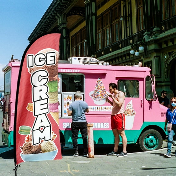 QSUM Ice Cream Sign Feather Flag with Pole Kit,7FT Ice Cream Decoration Display, Ice Cream Business Sign,Ice Cream Swooper Flag，Advertising Flag
