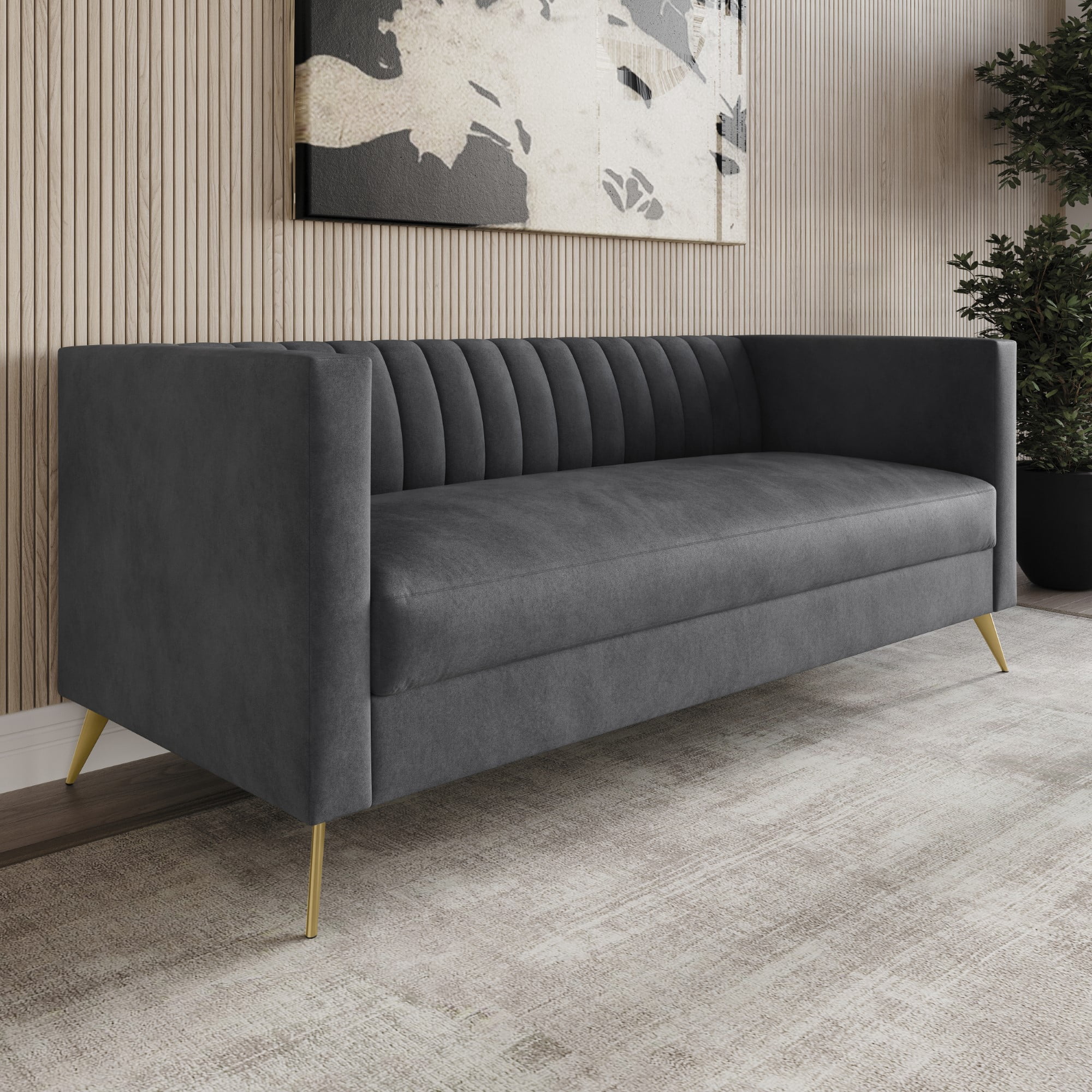 Home Design Weiss Velvet Square Arm Sofa with Channel-Tufted Back and Gold Metal Legs, Modern Upholstered Living Room Seating, Dark Gray