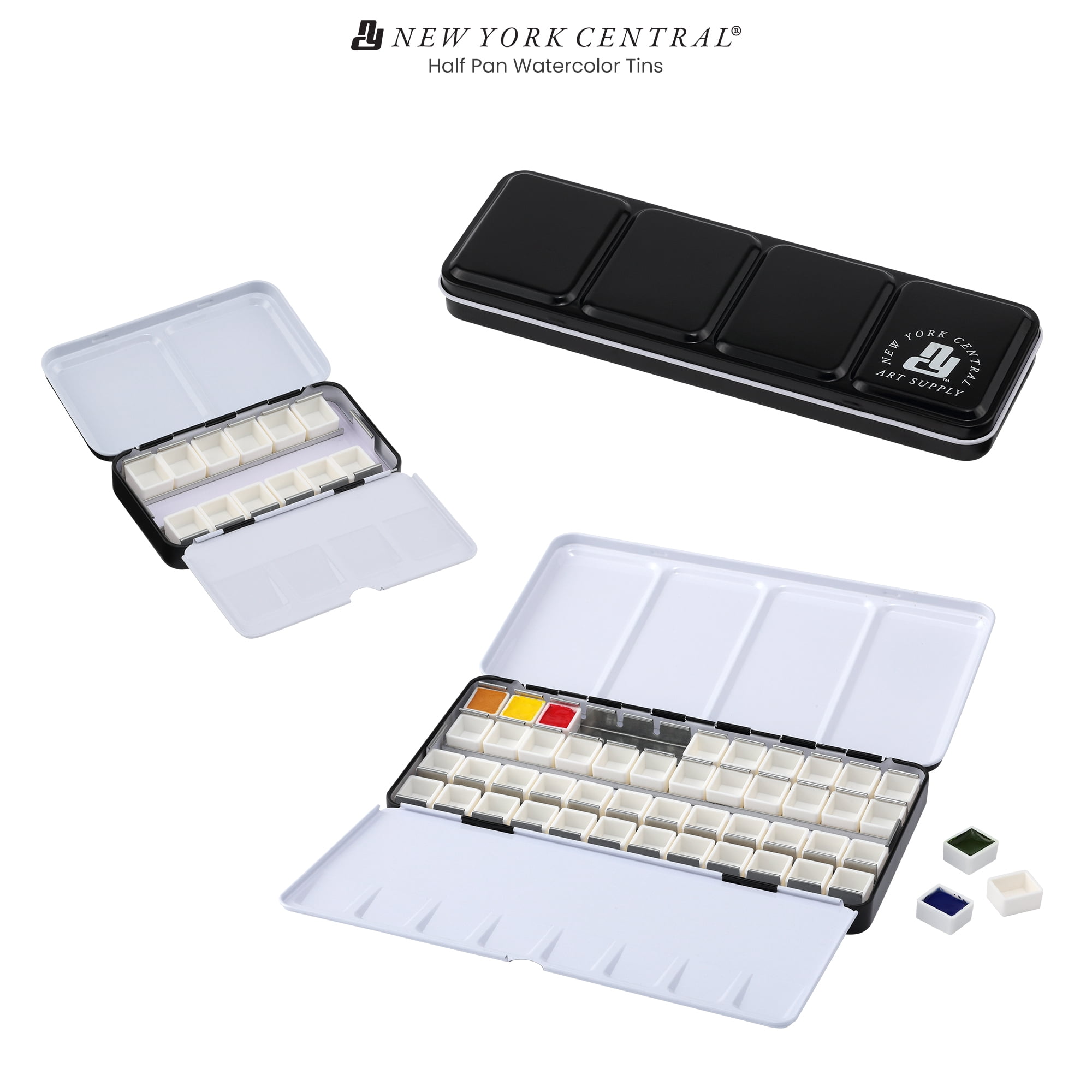 New York Central Watercolor Palettes - Empty Half Pan Boxes and Palette for Artists, Watercolor Painting, Students, Color Theory, & More! - 24 Half Pans