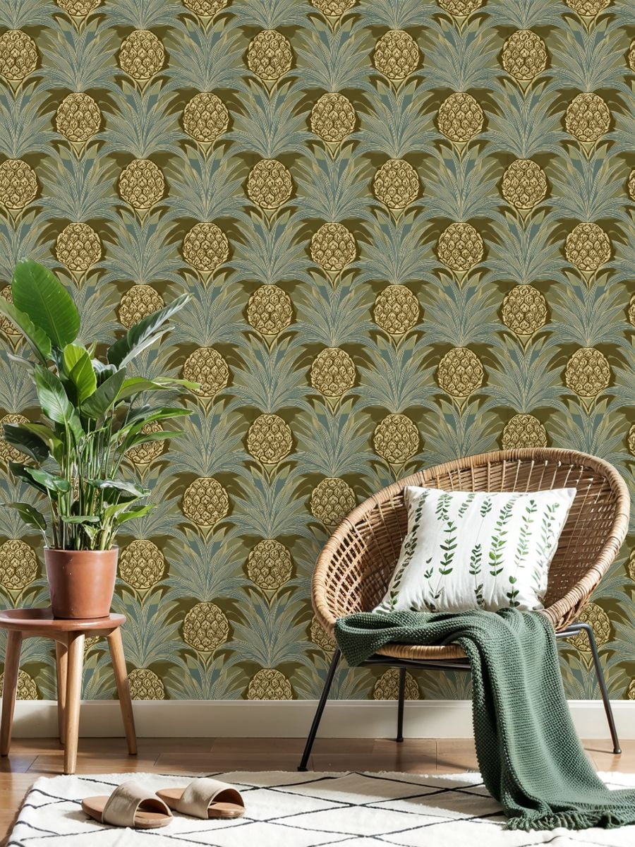 Peel and Stick Wallpaper Pineapple Tropical Botanical Olive Green Blue Wall Mural 17.7in x 9.8ft Self Adhesive Removable Wall Paper Renter Friendly Wallpaper for Nursery Bedroom Cabinets