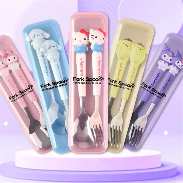 Sanrio-Juego de vajilla con mango de silicona para niños, juego de dos piezas, Hello Kitty, Melody Kuromi, vajilla Cinnamoroll, tenedor, cuchara, regalos para niños