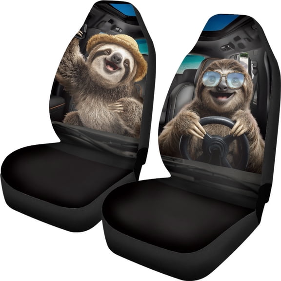XYZCANDO Funny 2 Piece Front Car Seat Covers Featuring Cute Driving Sloth Design - Breathable Durable Protector For Daily Auto Use