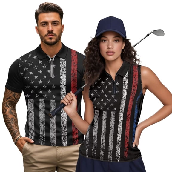 Yuyamidu Men and Women Matching Outfits Black American Flag Sleeveless Golf Shirt for Women Quick Dry Short Sleeve Golf Shirts for Men 4th of July Couple Matching Outfits, Men's XL