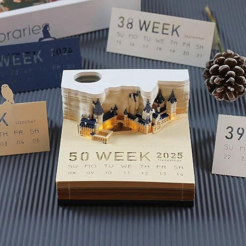 Magic Castle 3D Memo Pad, 2025 Desk Weekly Calendar 284 Sheets Carving Art Notepad DIY Sticky Post Creative Stickers Papers Card Craft with LED for Office/Reading Room/Studio Gift