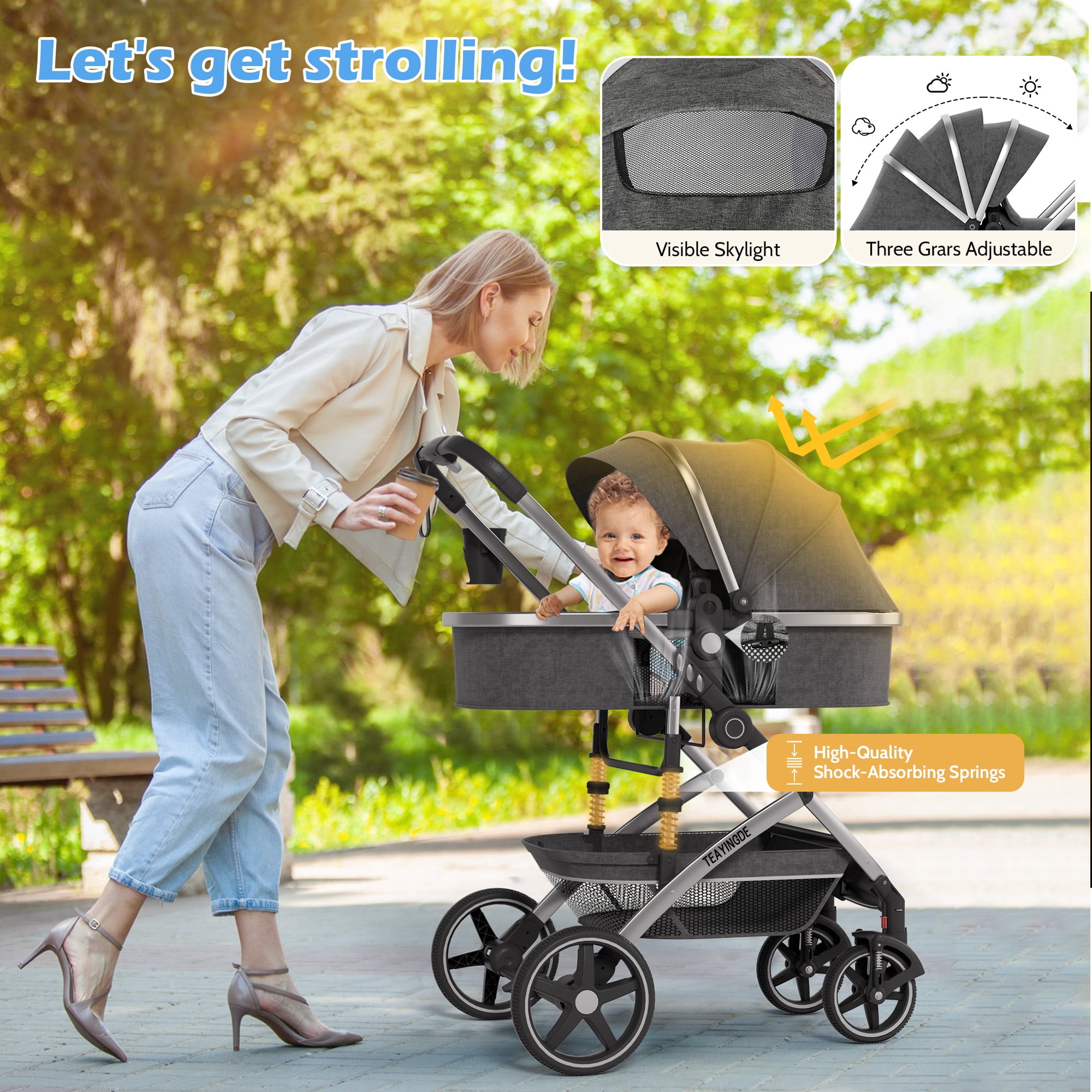 babyeap 2 in 1 Baby Stroller,Foldable Lightweight Carriage Reversible Bassinet Pram for Toddler,Travel Stroller with with Cup Holder、Storage Bag,Gray