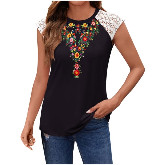 Cilsoka Women's Casual Floral Embroidered V Neck Boho Short Cap Sleeve Shirts Loose Summer Blouses Tops Fashion Clothes 2026, Graphic Tank Tops for Women Funny