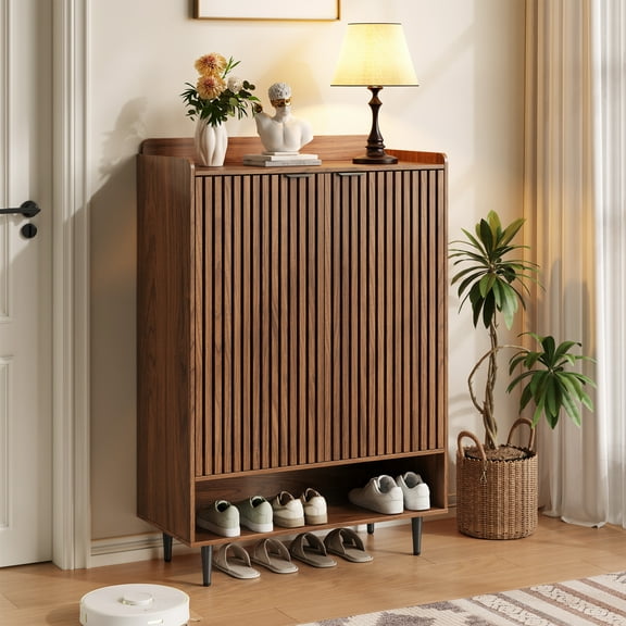 6-Tier Shoe Cabinet with Doors, 21 Pairs Entryway Storage Cabinet, Wooden Shoe Organizer with Adjustable Shelves, Farmhouse Free Standing Shoe Cabinet for Hallway, Living Room (Walnut Brown)