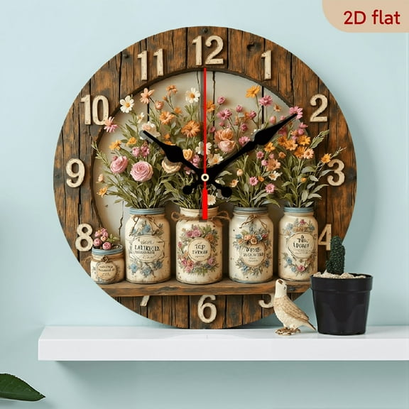 2D Flat 1pc 10Inch Wooden Vintage Floral Clock Silent Non-Ticking 1pc Vintage Floral Wall Clock Wooden Wall Decor for Home, Kitchen, Pool, Bathroom, Lake House AA Battery Operated (Not Included)