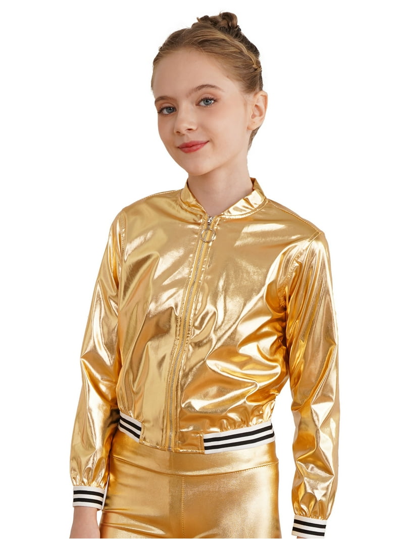 inhzoy Kids Girls Metallic lightweight Zip-Up Bomber Jacket