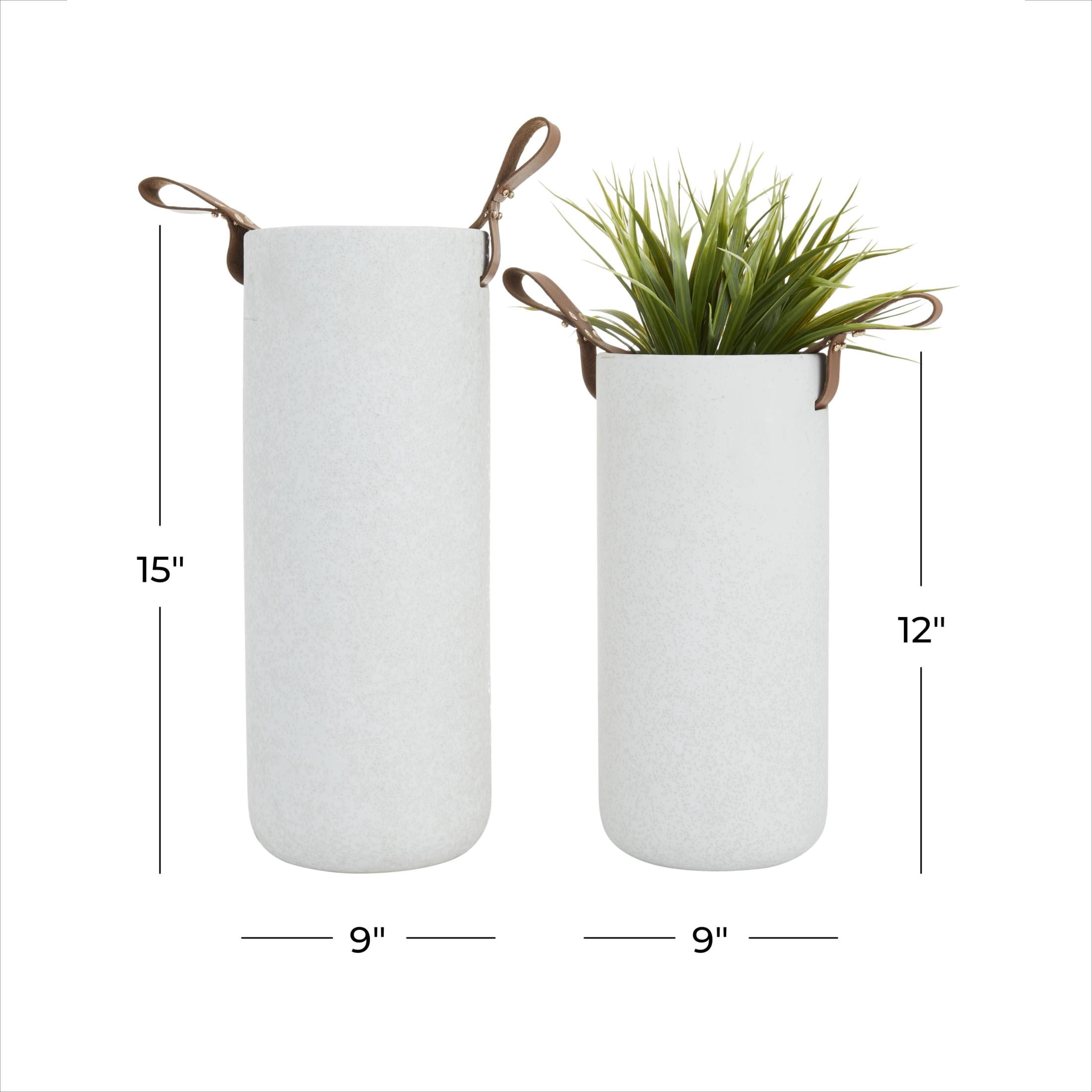 CosmoLiving by Cosmopolitan 15", 12"H White Ceramic Vase with Leather Handles, Set of 2