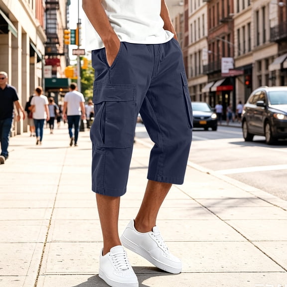 Domuza Men's Cargo Shorts 3/4 Relaxed Fit Below Knee Work Shorts Elastic Waist Hiking Shorts with Pockets Navy 2XL