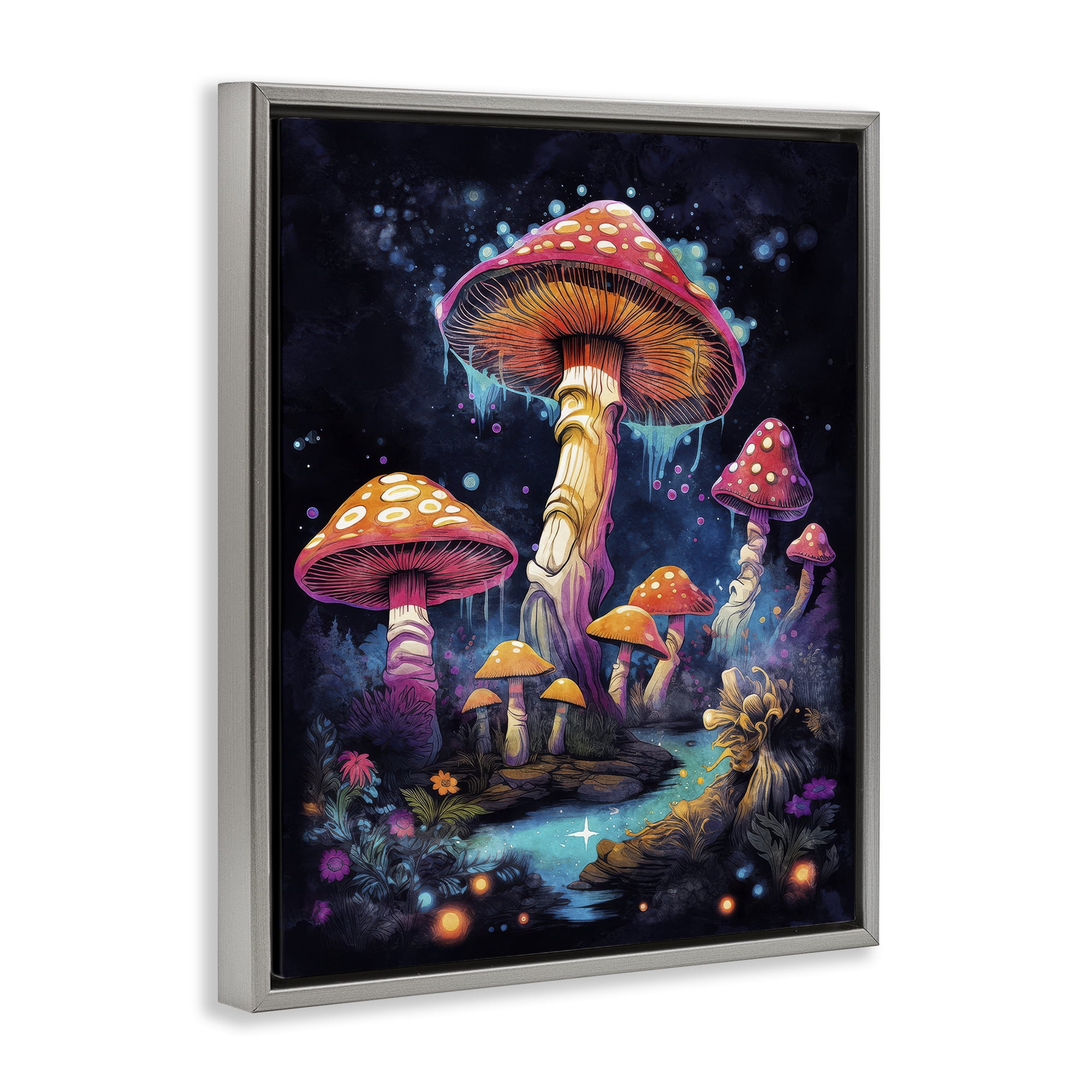 Stupell Industries Psychedelic Mushroom Scene Landscape & Nature Painting Gray Floater Framed Canvas Art Print Wall Art, 25 x 31