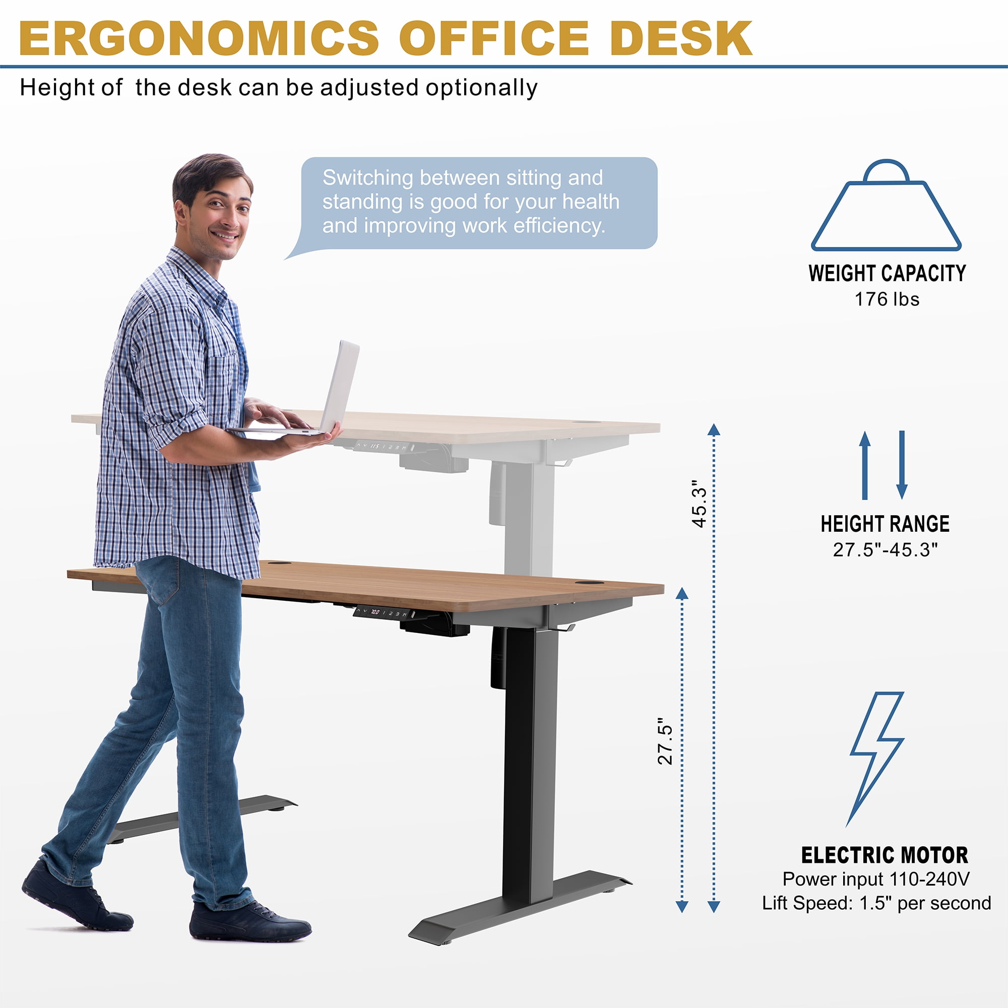 SOBANIILO Electric Height Adjustable Standing Desk with Memory Controller, 48" x 24" Finish, Black Frame/Bamboo Top