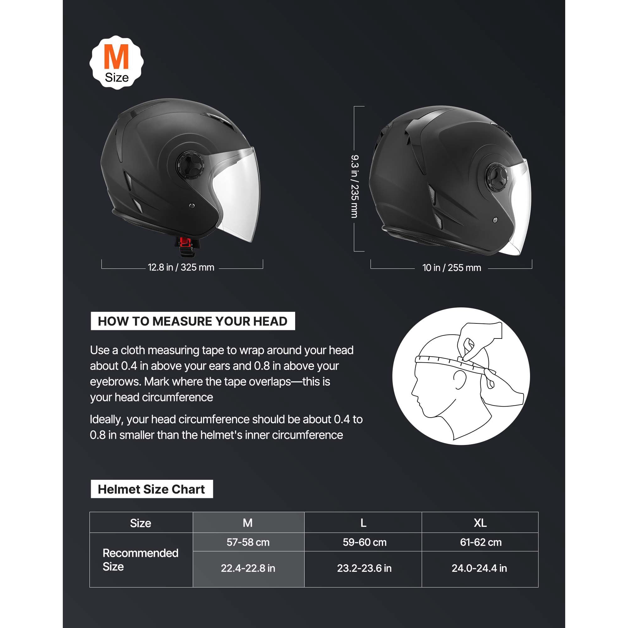 Open Face Motorcycle Helmet for Adults, DOT Certified Motocross&Street Bike Helmet with Clear Visor, Removable Liner for Men and Women, Matte Black Size M