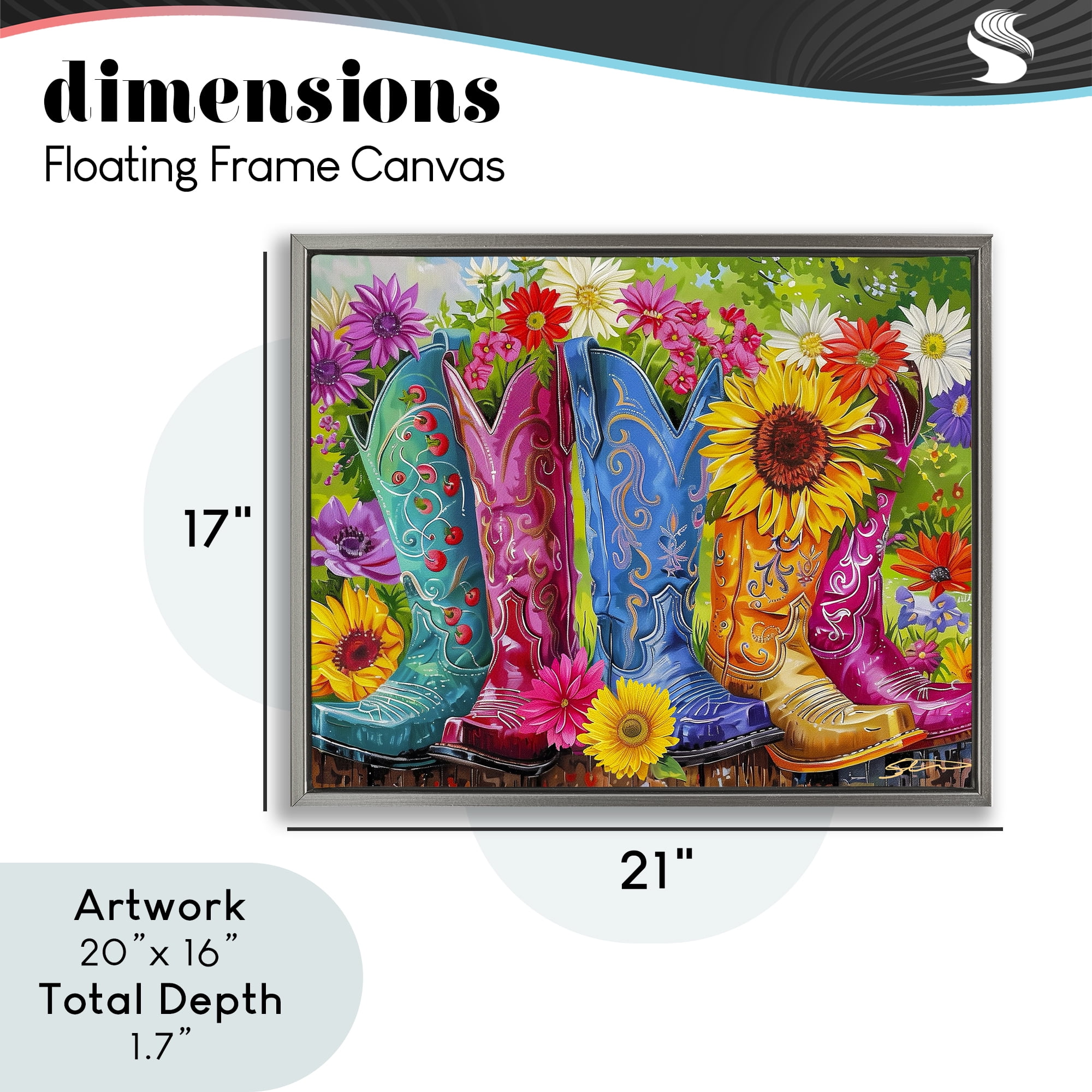 Cowboy Boots and Sunflowers Gray Framed Floater Canvas Wall Art, design by Shawna Stewart