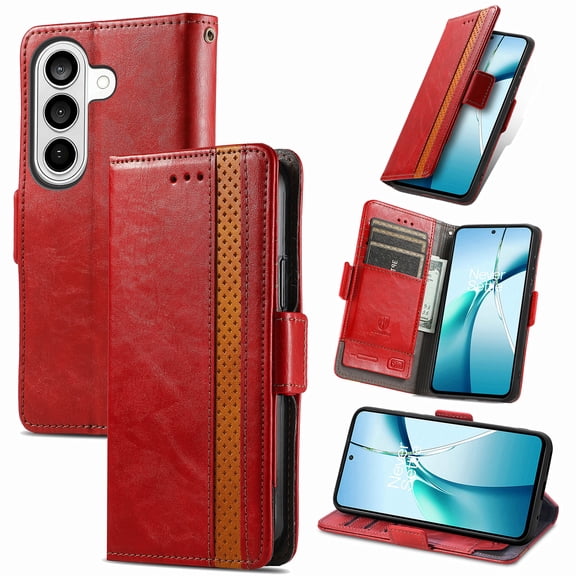 TECH CIRCLE for Samsung Galaxy S26 /S26 Plus Business Retro PU Leather Card Slot Magnetic Closure Flip Stand Wallet Case Soft TPU RFID Design Anti-Scratch Shockproof Drop Protection,Red