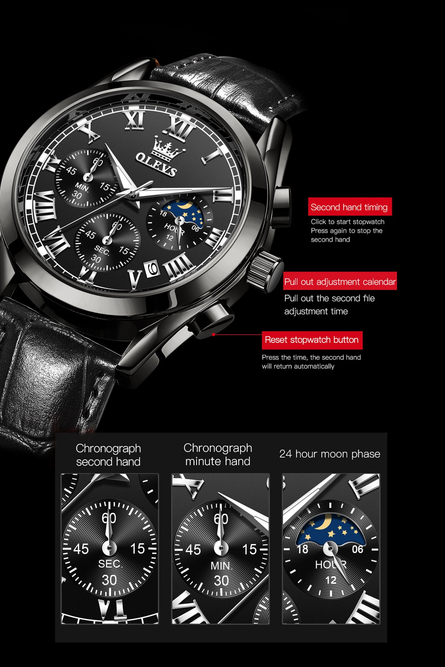 OLEVS Mens Watches Luxury Chronograph Moon Phase Waterproof Luminous Black Leather Strap Date Classic Watch for Men