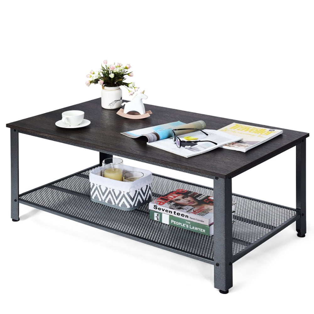 Finihen Wooden Coffee Table, Metal Frame Wood Coffee Table Console Table with Storage Shelf, for Living Room, Reception Room, Office, Black