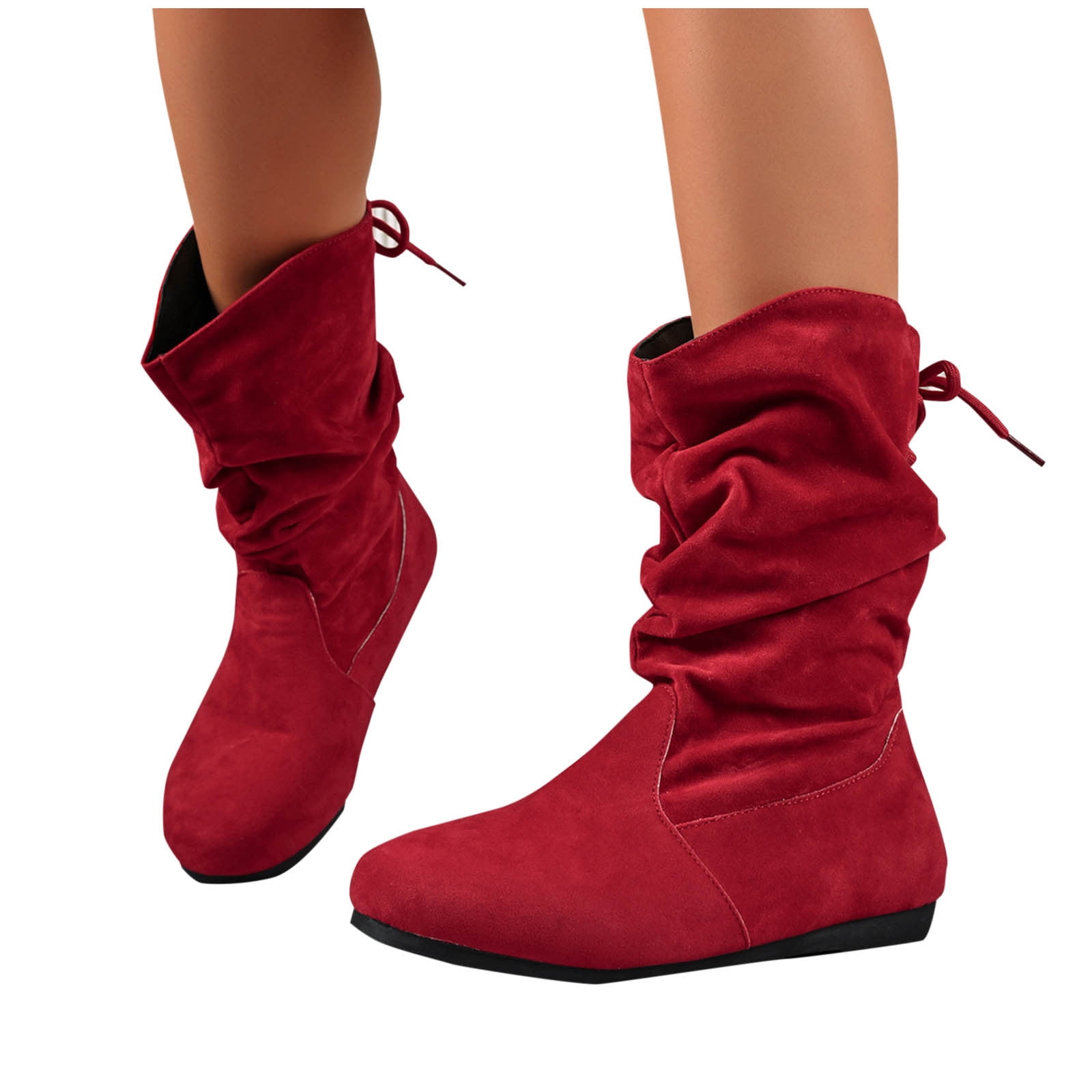 Miluxas Women Mid Calf Boots Wide Calf Slouch Ruched Suede Flats Low Heels Lace up Solid Color Booties Trendy Retro Comfort Non Slip Walking Riding Hiking Shoes Red 7.5(40)