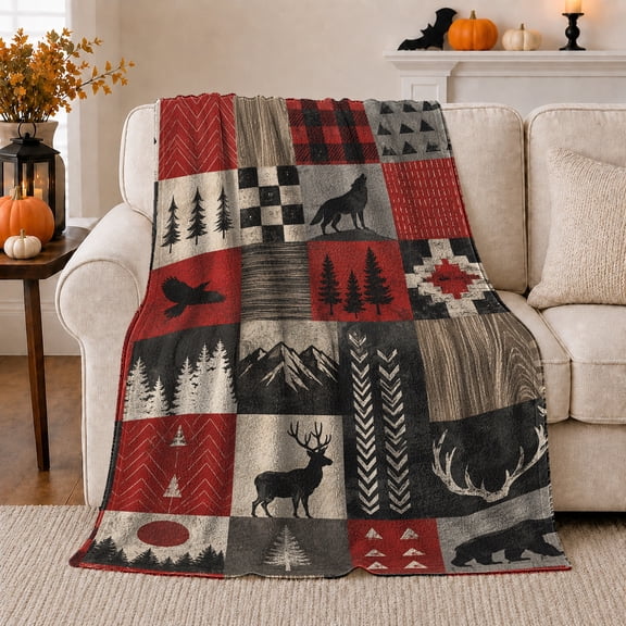 Wilderness Lodge Howling Wolf Elk Forest Patchwork, Peaceful Mountain Lake Scene, Warm Flannel Blanket for Cabin and Lodge, Outdoor Lovers person's Day Gift, Artistic Home Decor