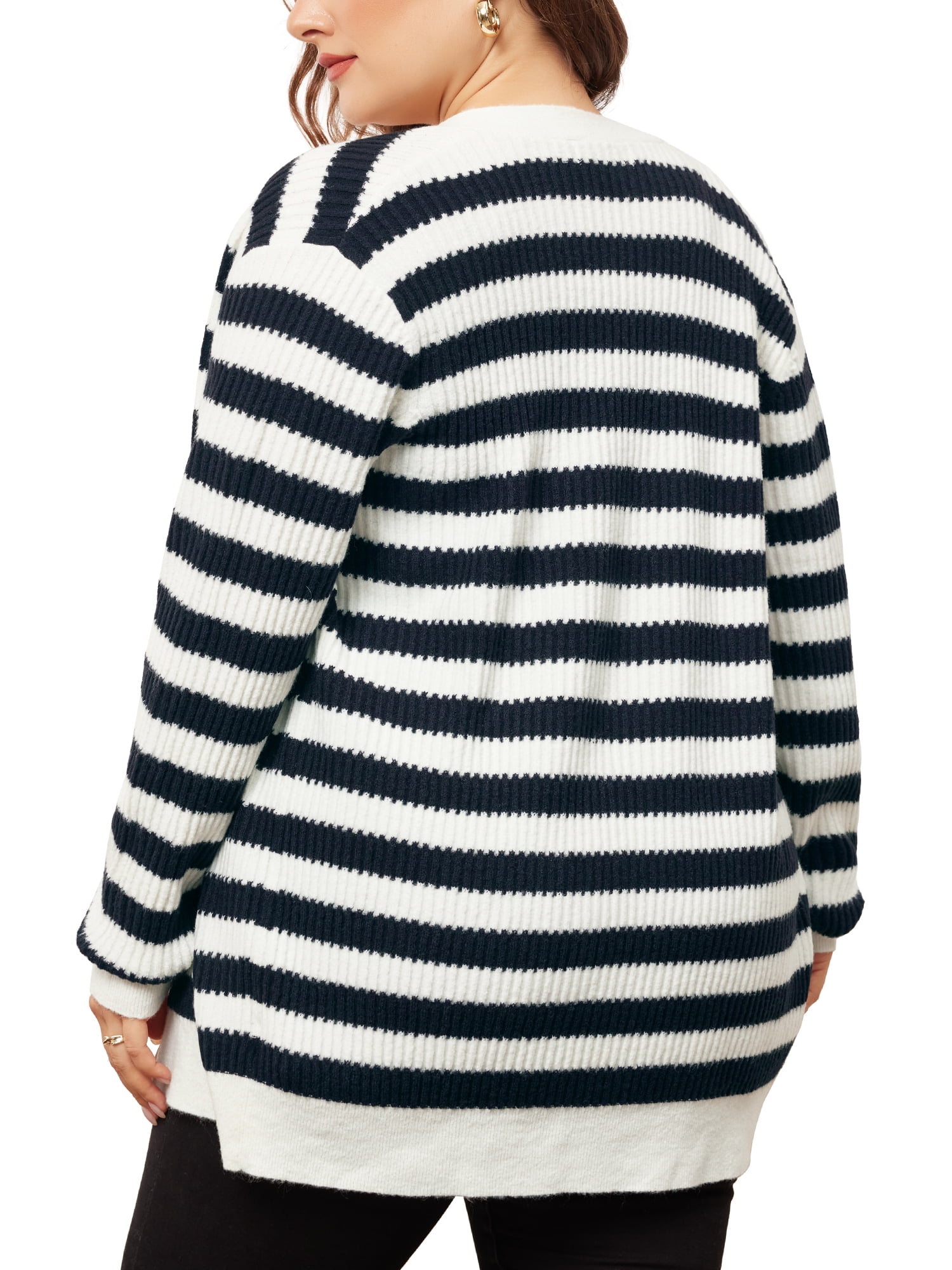 DARING DIVA Plus Size Button Down Open Front Long Sleeve Striped Sweater 2X Blue