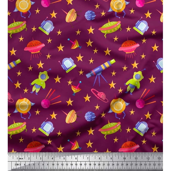 Soimoi Rayon Fabric Spaceship,Star & Telescope Cartoon Fabric Prints by Yard 56 Inch Wide