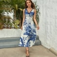thumbnail image 3 of Blue Chinoiserie Toile Pattern Bird Tree Womens Night Club Maxi Dress V Neck Sleeveless Bohemia Long Dresses, 3 of 9
