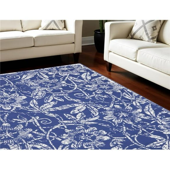 HomeRoots 551065 8 x 10 ft. Floral Distressed Non Skid Rectangle Area Rug, Ivory & Navy Blue