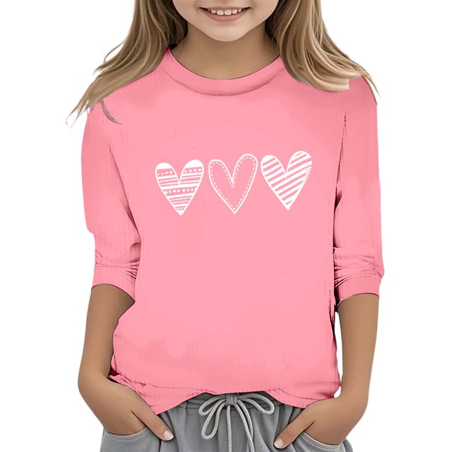 T-shirt à Manches Longues Cœur Manches Courtes pour Filles Imprimé Saint-Valentin Mode Fonctionnel Col Rond Manches 3/4 T-Shirt Décontracté