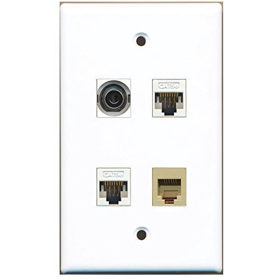 RiteAV - 1 Port Phone RJ11 RJ12 Beige 1 Port 3.5mm 2 Port Cat5e Ethernet White Wall Plate