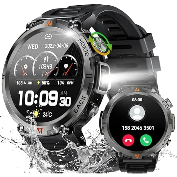 wonima11 Military Smart Watch for Men with LED Flashlight(Bluetooth Call/Answer), 3ATM Waterproof Rugged Tactical Smartwatch for Sleep Heart Rate Pedometer, 1.45” Outdoor Sport Fitness Tracker