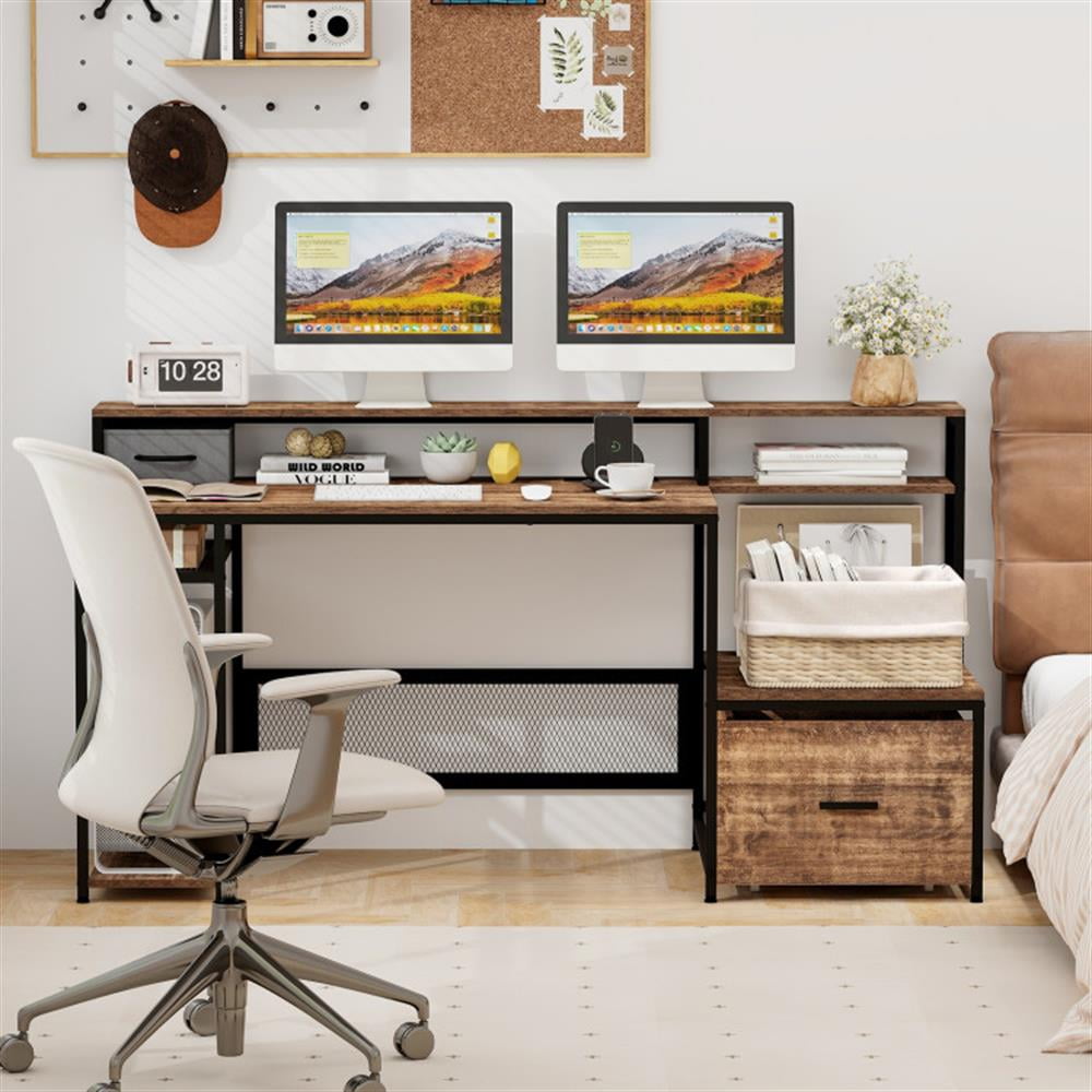 Demi Bonn 67" Computer Desk with Monitor Stand and File Drawer, Small Home Office Desk Study Writing Table, Brown
