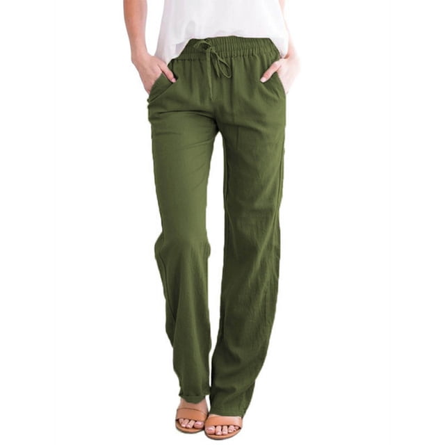 Womens Solid Linen Pants Mid Rise Drawstring Straight Long Pants Casual Loose Fit Comfy Lounge Trousers with Pockets