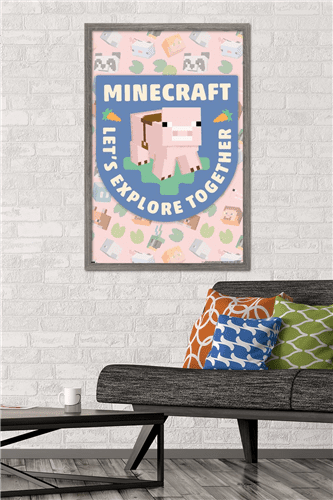 Minecraft - Let's Explore Together Wall Poster, 22.375" x 34" Framed