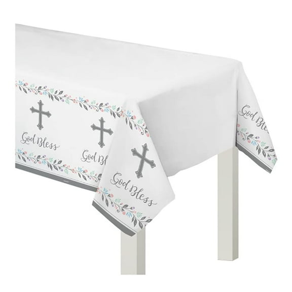 Holy Day, White and Gray Plastic Party Table Cover 54" x 102"