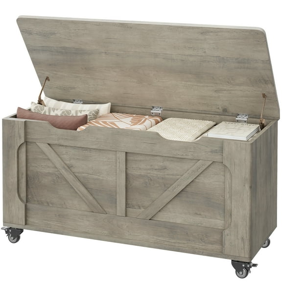 Luku Storage Chest, Storage Trunk with 4 Wheels, 39.4" Wooden Storage Bench With 2 Safety Hinges, Round Corner for Entryway Living Room White