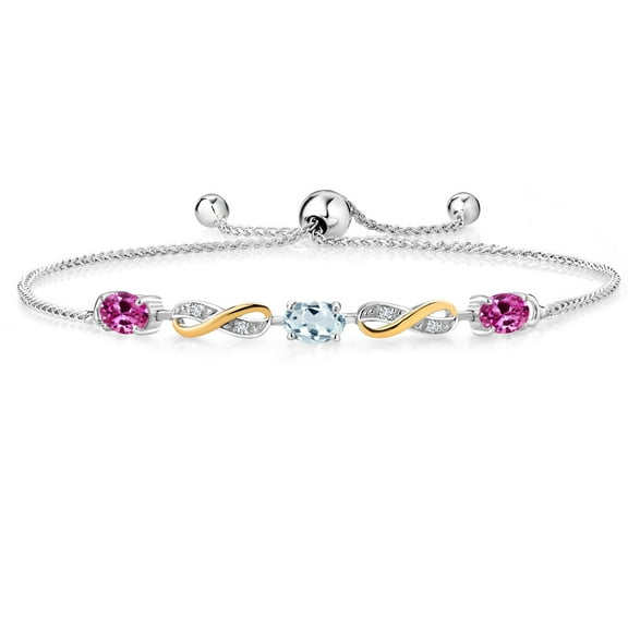 Gem Stone King 1.53 Ct Pink Created Sapphire Sky Blue Aquamarine 925 Silver and 10K Yellow Gold Lab Grown Diamond Adjustable Infinity Bracelet for Women Mother's Mom Wife Her