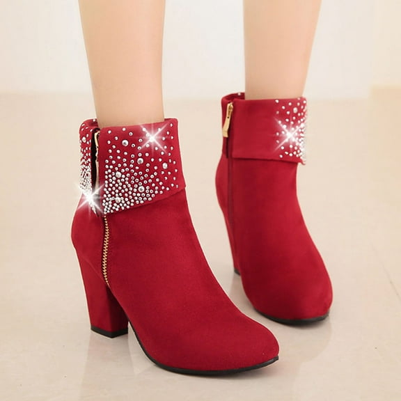 FUEENIRVA 1 Pair Red Bride Short Boots For Women With High Heel And Side Zipper Pu And Rubber Material Elegant Style