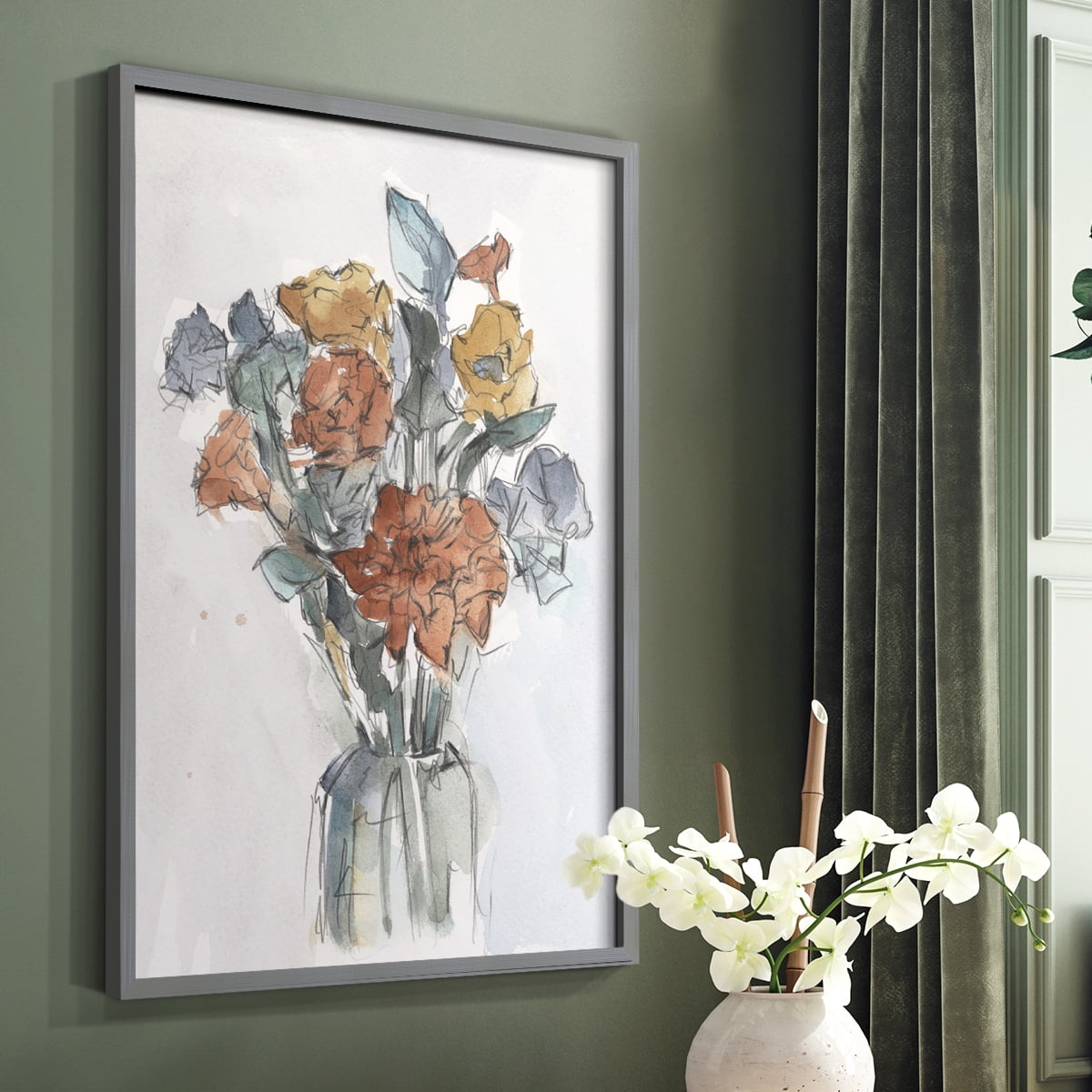 Watercolor Floral Arrangement I Framed Print in Gray Solid Wood 16 x 20 Framed Print