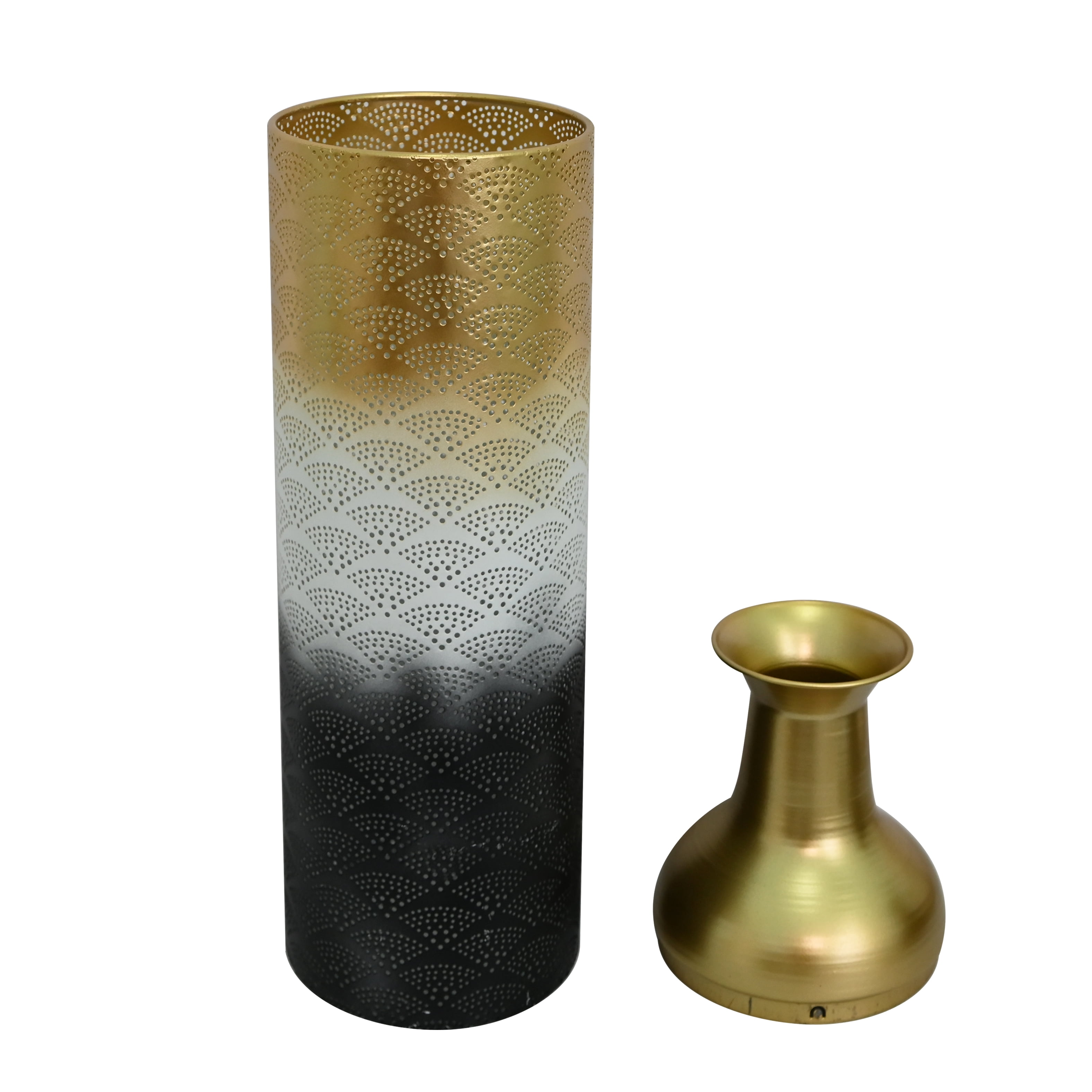 Metal Floor Vases Set of 3 with Leaf Pattern, Tall Decorative Vases and Home Decor Accents for Living Room Entryway, White Gold and Black